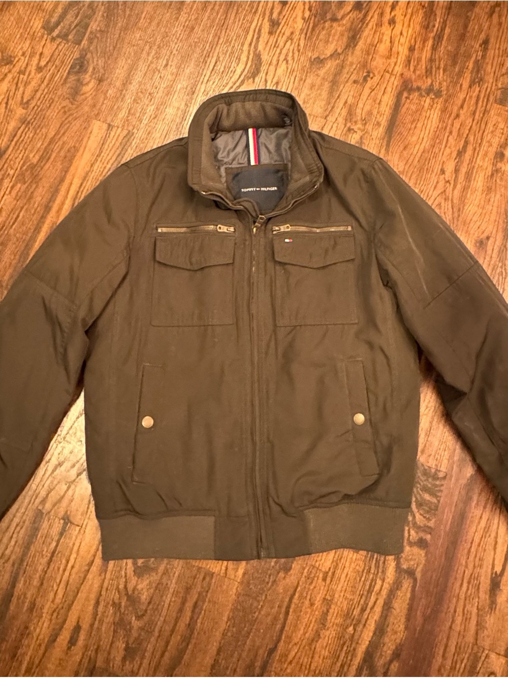 Tommy Hilfiger Men's Olive Bomber Jacket with Zip Pockets